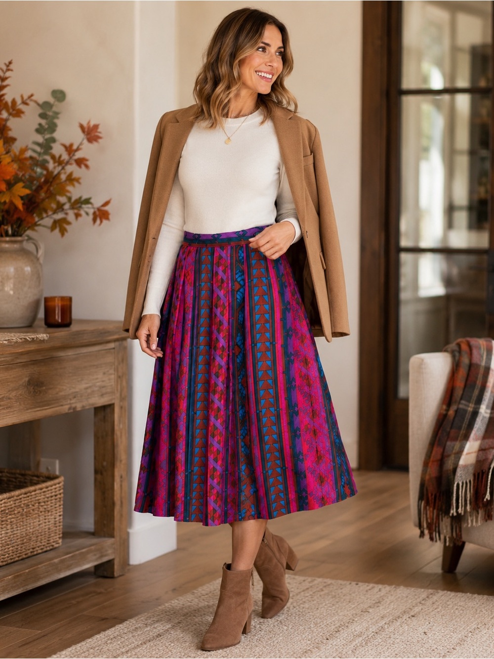 Rafaella Geometric Midi Skirt Size 6 Made in Italy Rayon Pockets Boho Fall